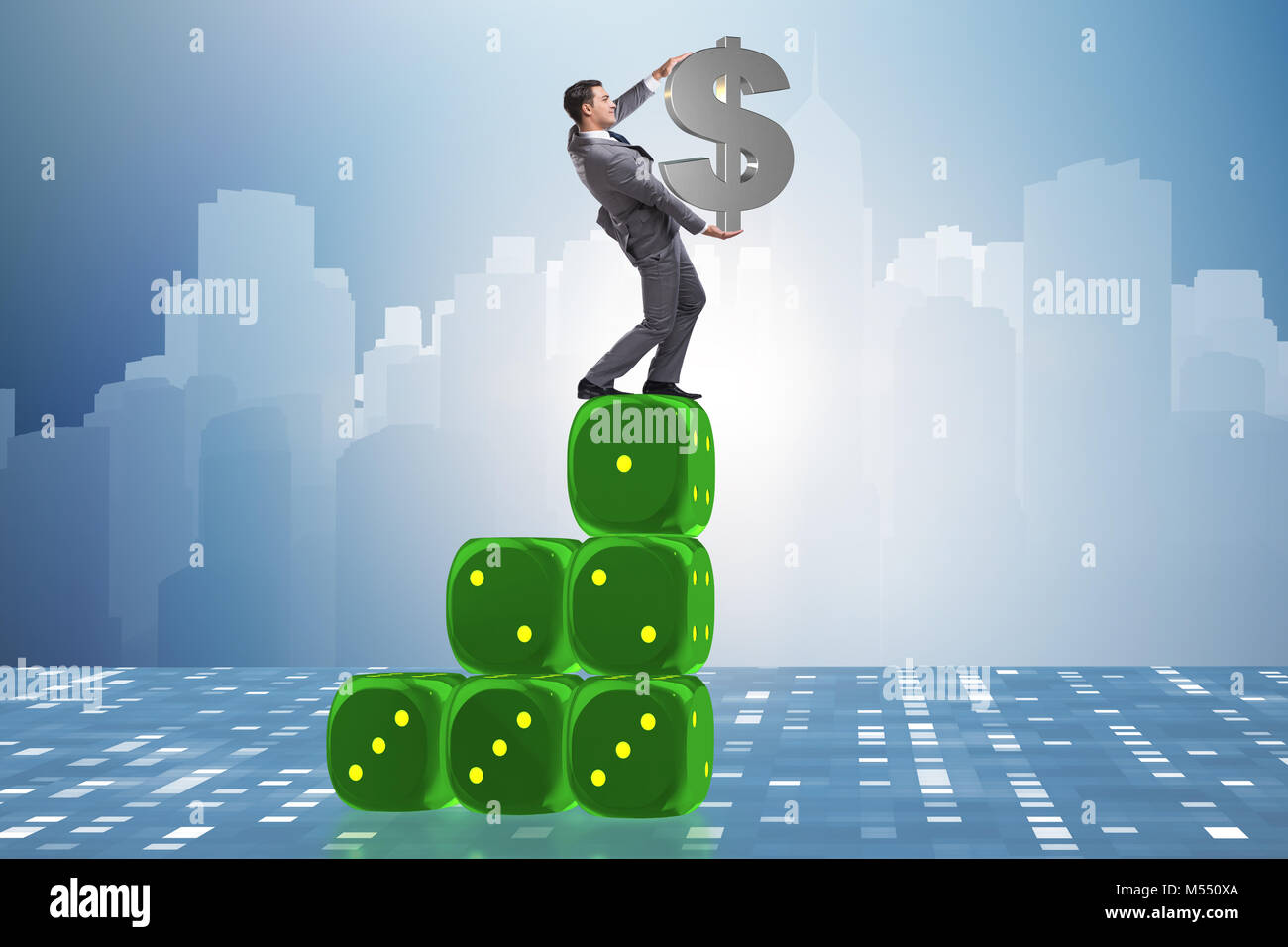 Businessman holding dollar sign on top of dice pyramid Stock Photo - Alamy