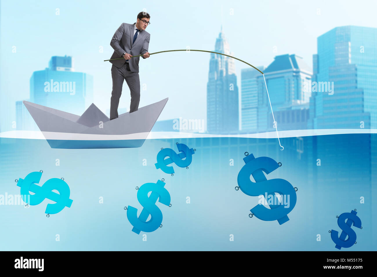 Businessman fishing dollars money from paper boat ship Stock Photo Alamy