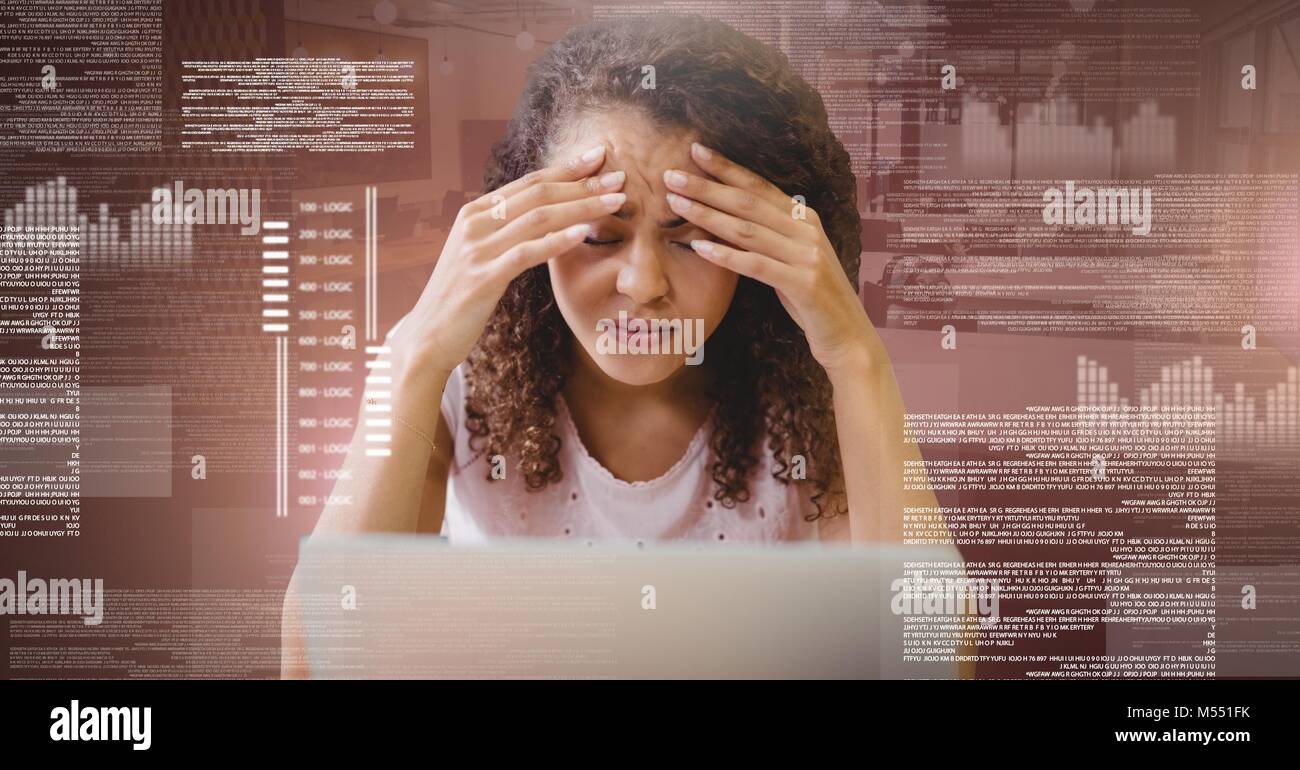 Woman working on laptop with screen text interface Stock Photo