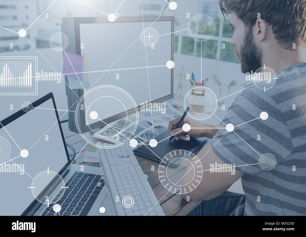 Business Overlay Interface with man and computer Stock Photo - Alamy