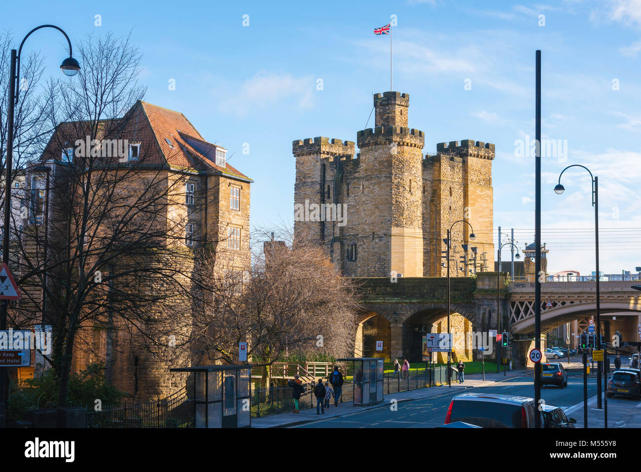 Newcastle upon Tyne UK, view along St Nicholas Street towards the early medieval Castle with the Black Gate Museum sited on the left, Tyne And Wear Stock Photo