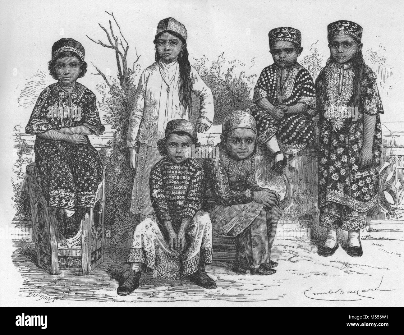 INDIA. Parsee Children, Mumbai, antique engraving 1878 Stock Photo