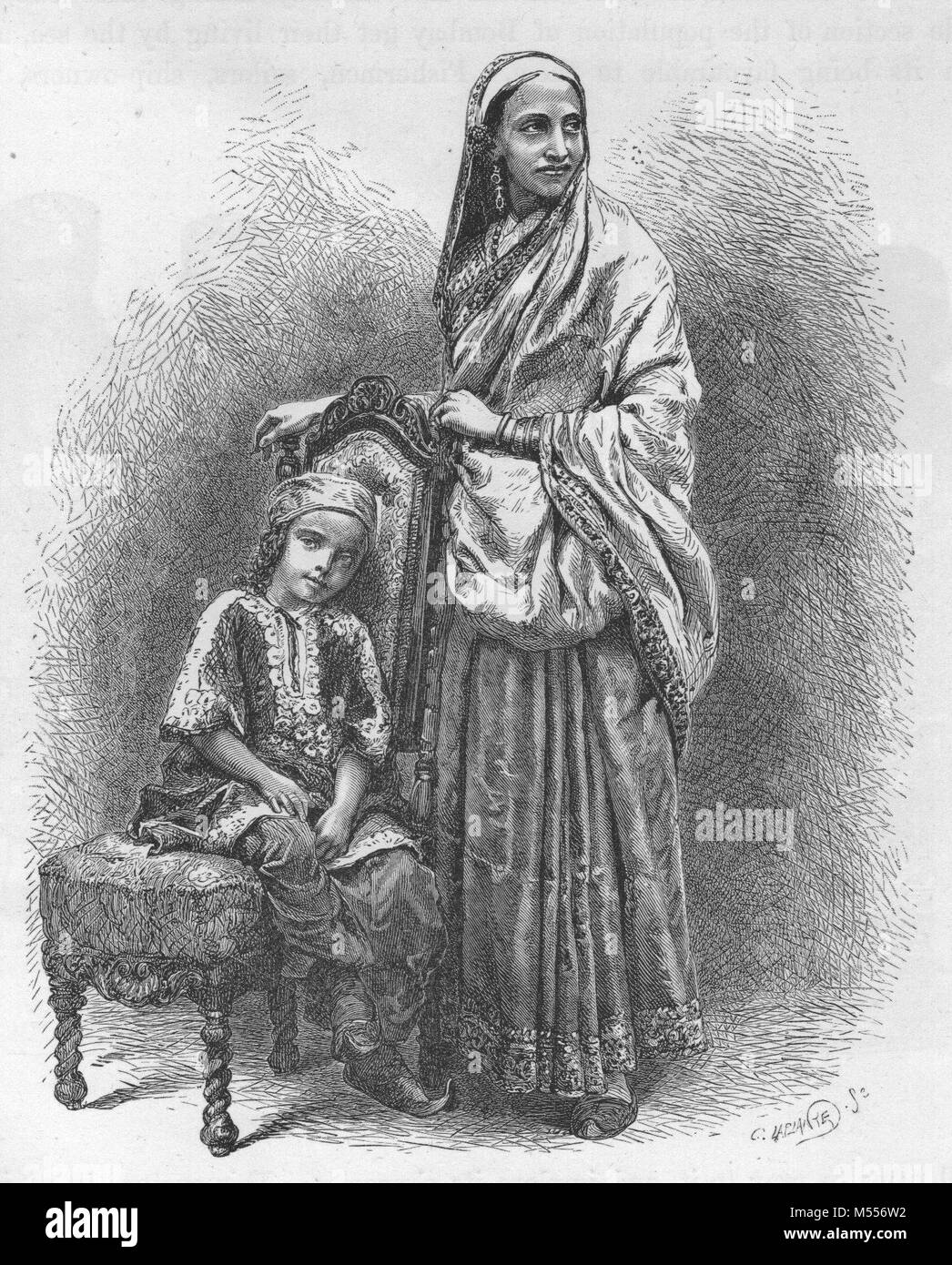 INDIA. Parsee Lady and her Daughter, antique engraving 1878 Stock Photo