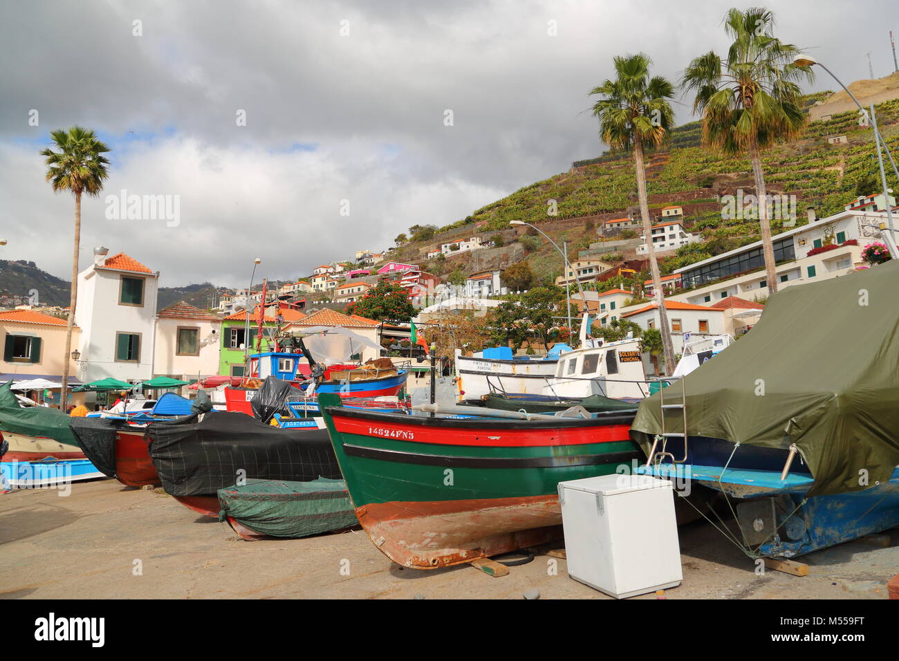 Fishing boat stored in the port of Camara de Lobos, Madeira, Portugal ...