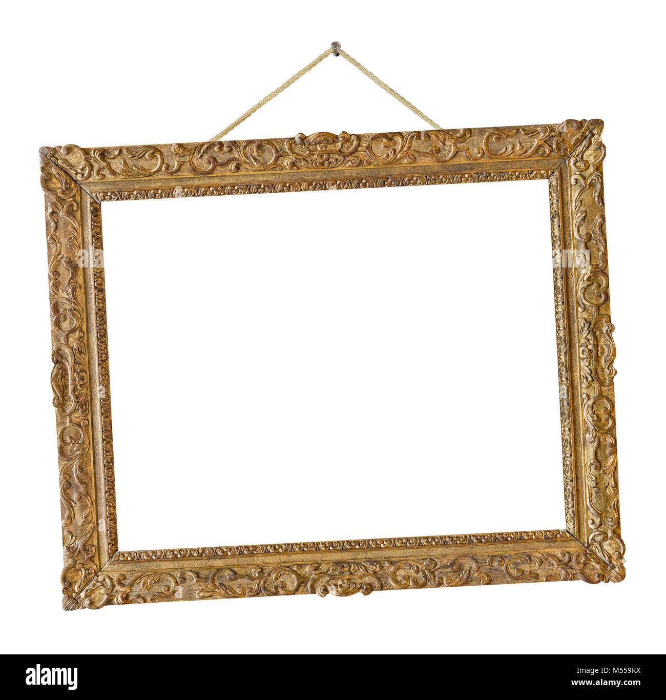 Old wooden picture frame hanging on a rope Stock Photo Alamy