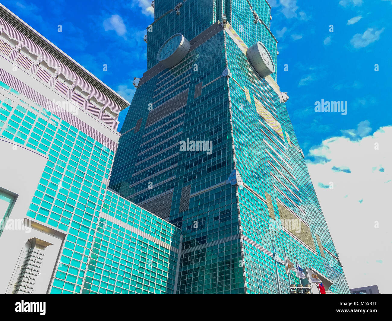 Taipei, Taiwan - November 22, 2015: Taipei 101 tower, view from the front of the tower. Stock Photo