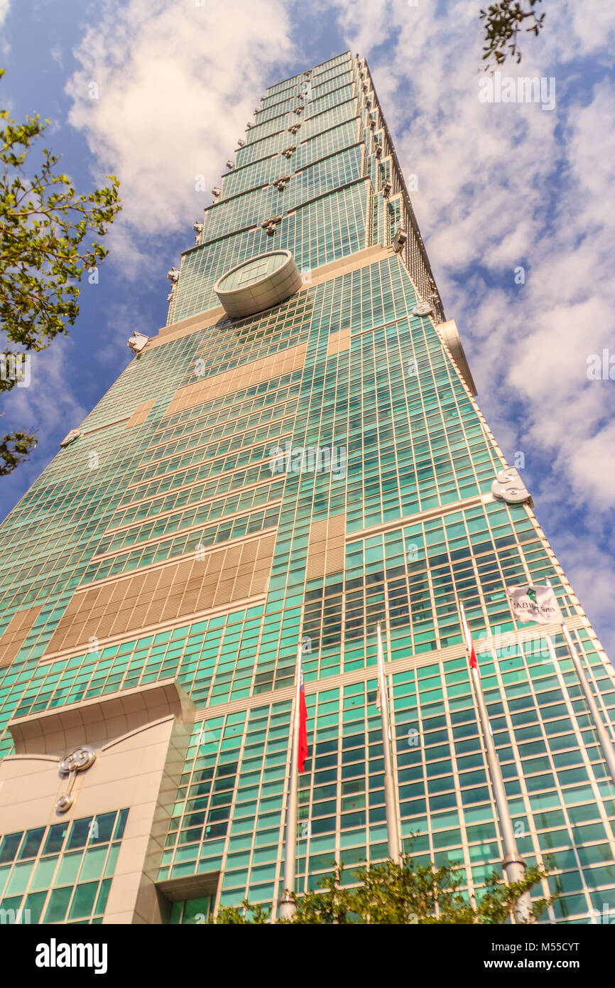 Taipei, Taiwan - November 22, 2015: Taipei 101 tower, view from the front of the tower. Stock Photo