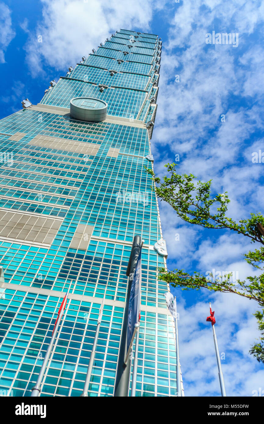 Taipei, Taiwan - November 22, 2015: Taipei 101 tower, view from the front of the tower. Stock Photo