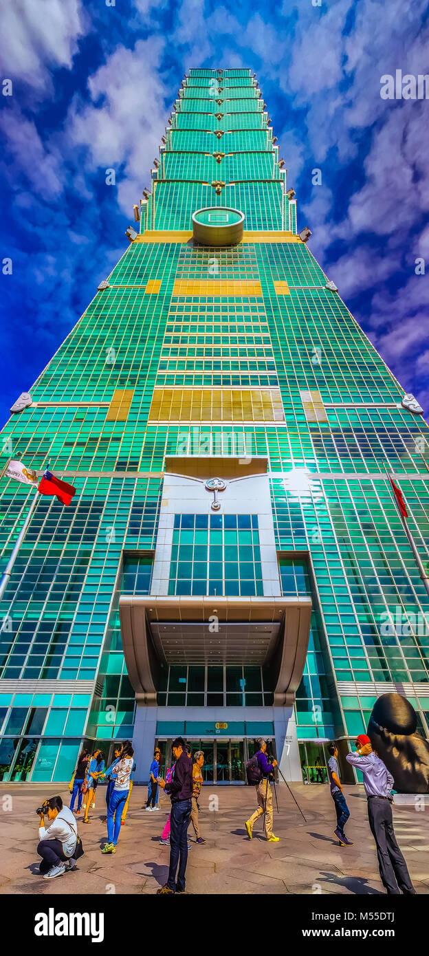 Taipei, Taiwan - November 22, 2015: Taipei 101 tower, view from the front of the tower. Stock Photo