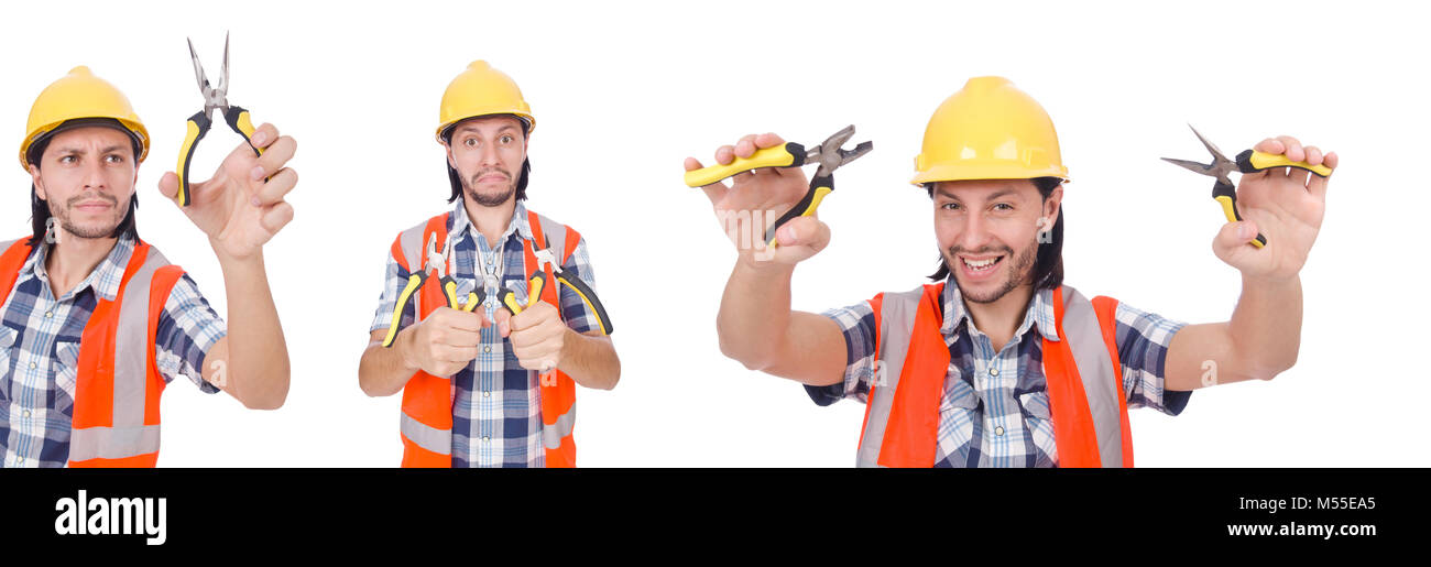 Young construction worker with nippers isolated on white Stock Photo
