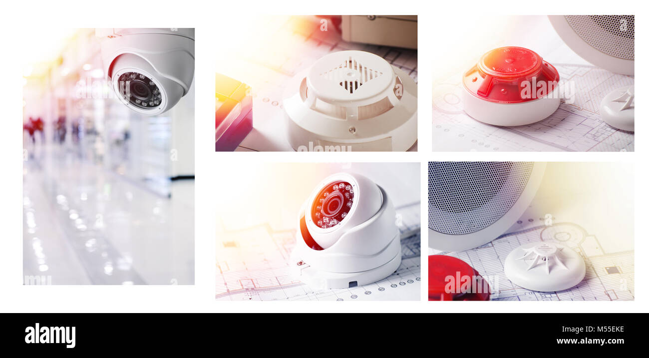 Fire Alarm system and video security equipment. Set of Photos Good for security service engineering company site or advertising Stock Photo