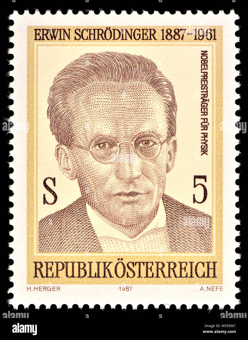 Austrian postage stamp (1987) : Erwin Schrödinger / Schrodinger / Schroedinger (1887 – 1961) Nobel Prize-winning Austrian physicist who developed a nu Stock Photo
