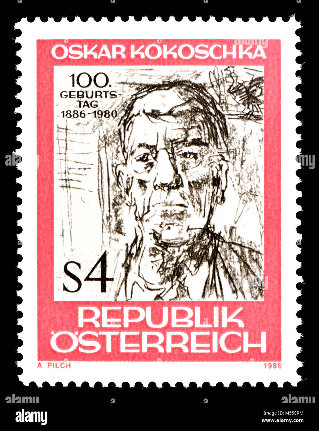 Austrian postage stamp (1986) : Oskar Kokoschka (1886 – 1980) Austrian artist, poet and playwright Stock Photo