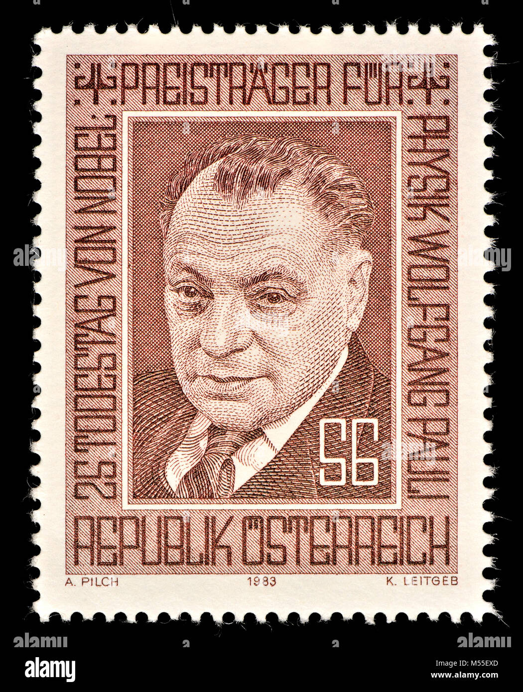 Austrian postage stamp (1983) : Wolfgang Ernst Pauli (1900 – 1958) Austrian-born Swiss theoretical physicist and one of the pioneers of quantum physic Stock Photo