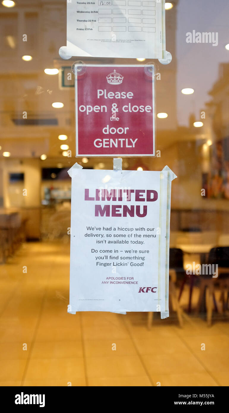 Brighton UK 20th Feb 2018 - The Western Road branch of KFC in Brighton where they are only serving a limited menu due to chicken delivery problems  Photograph taken by Simon Dack Credit: Simon Dack/Alamy Live News Stock Photo
