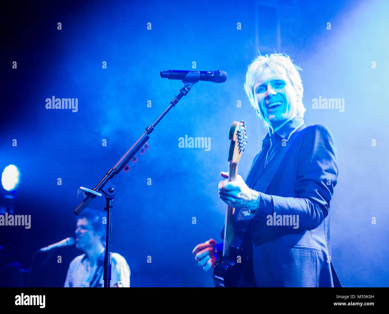 Lead singer Alex Kapranos and guitarist Dino Bardot of the band Franz Ferdinand performing live. O2 Academy, Leeds, England 19 February 2018. Stock Photo