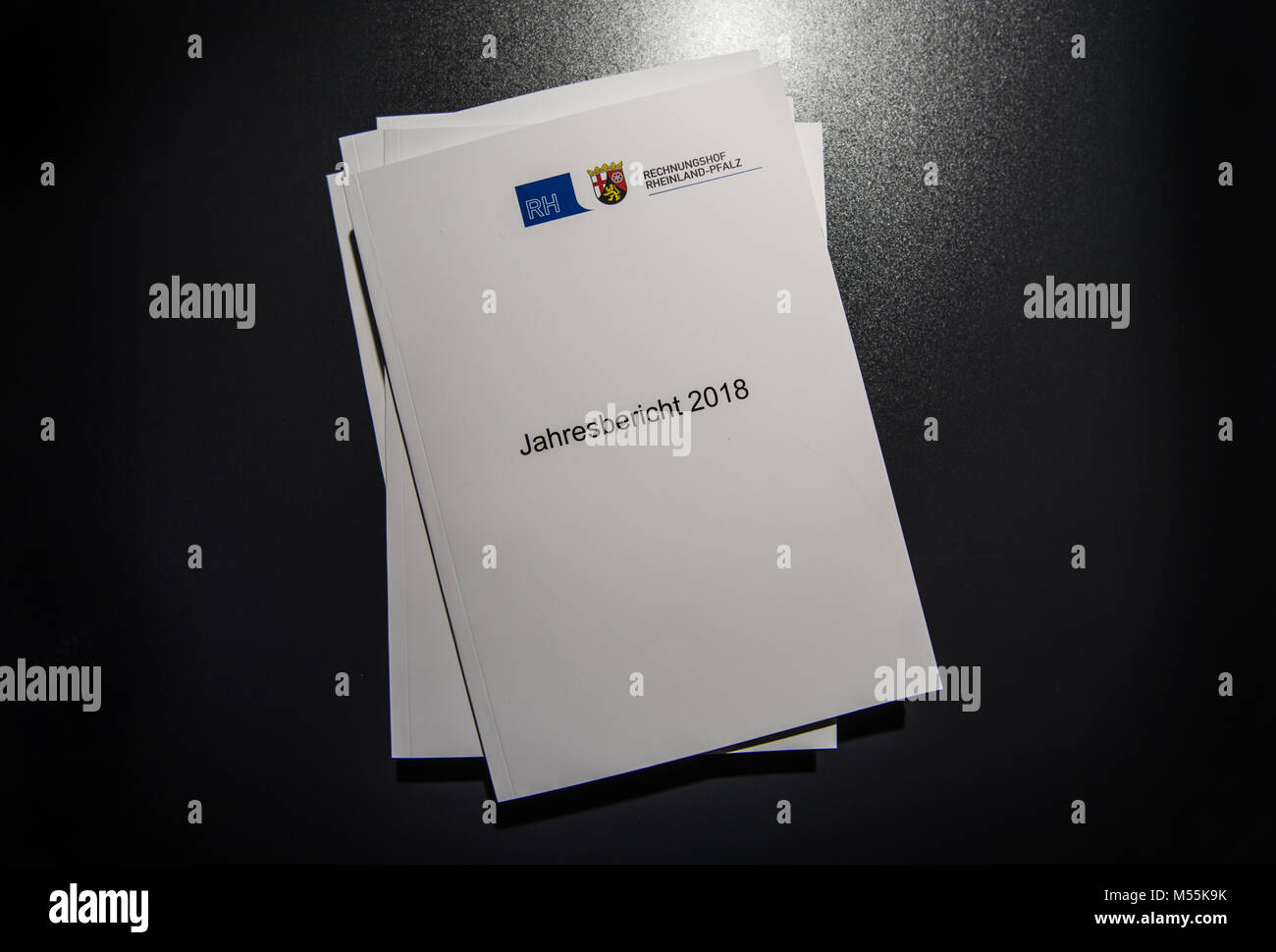 20 February 2018, Germany, Mainz: A pile of annual reports 2018 of the Court of Auditors Rhineland-Palatinate lies on a table during a press conference. The Court of Auditors Rhineland-Palatinate presented its annual report 2018. The developments of budget and the the state's total debt are focus points of the annual report. Photo: Andreas Arnold/dpa Stock Photo