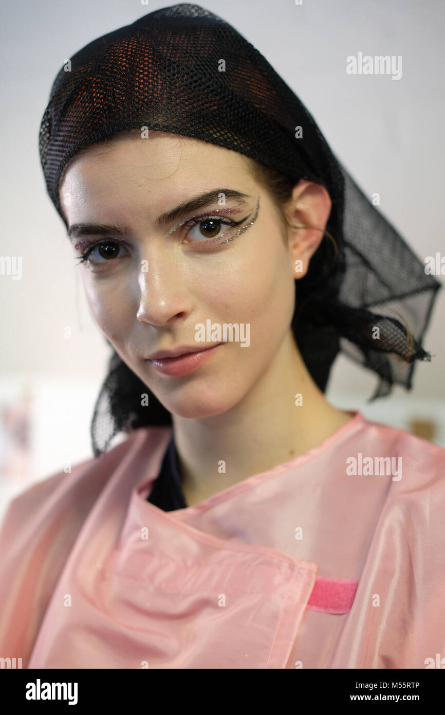 London, UK. 19th February, 2018. A model backstage ahead of the A.V. Robertson show during London Fashion Week February 2018 at 180 The Strand on February 19, 2018 in London, England. Credit: Krisztian Pinter/Alamy Live News Stock Photo