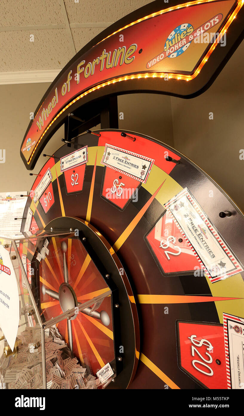 Moline, Iowa, USA. 15th Feb, 2018. A large Spin 2 Wim wheel greets costumers as they enter Julie's Video Poker and Slots, Thursday, February 15, 2018, located at 2346 53rd St., in Moline. Credit: John Schultz/Quad-City Times/ZUMA Wire/Alamy Live News Stock Photo