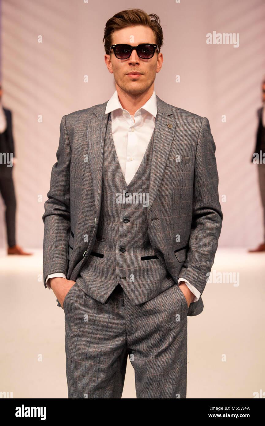 Male model wearing by Marc Darcy the catwalk at Moda. The fashion show 18th-20th February 2018 at the NEC, Birmingham, UK. Key trends highlighted for Autumn/Winter 2018 included