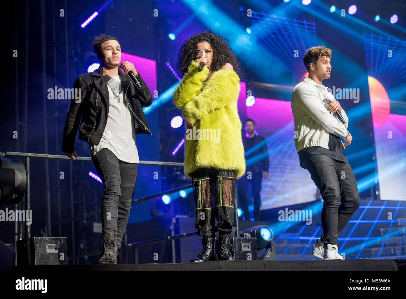 Manchester, UK. 20th February 2018. The Cutkelvins perform on the opening UK night of the 2018 X Factor Live Tour at the Arena in Manchester 20/02/2018 Credit: Gary Mather/Alamy Live News Stock Photo