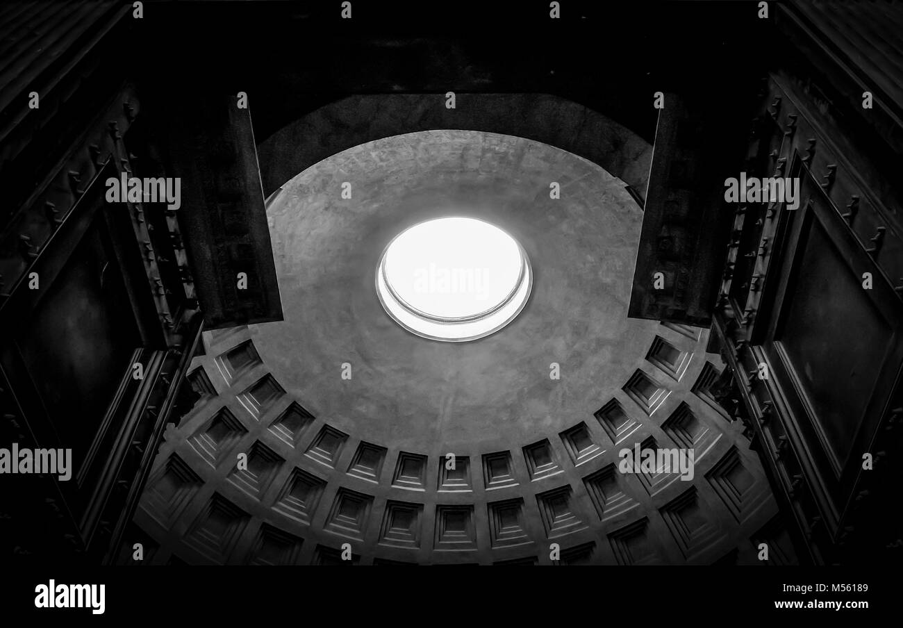 black and white view of the Roman Pantheon main portal Stock Photo