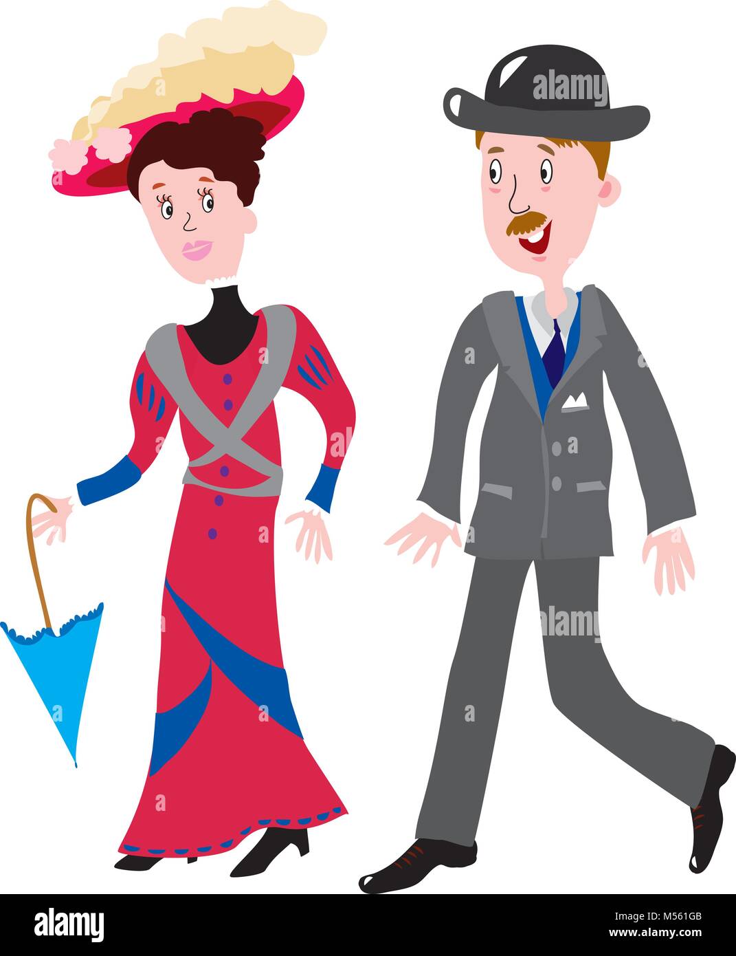 A man and woman dressed in the fashionable historical dress of 1910, including hats, long dresses and parasol. Stock Vector