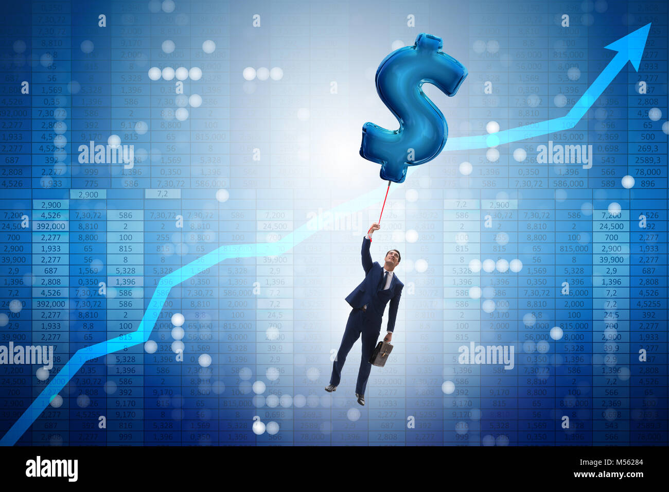 Businessman flying on dollar sign inflatable balloon Stock Photo - Alamy