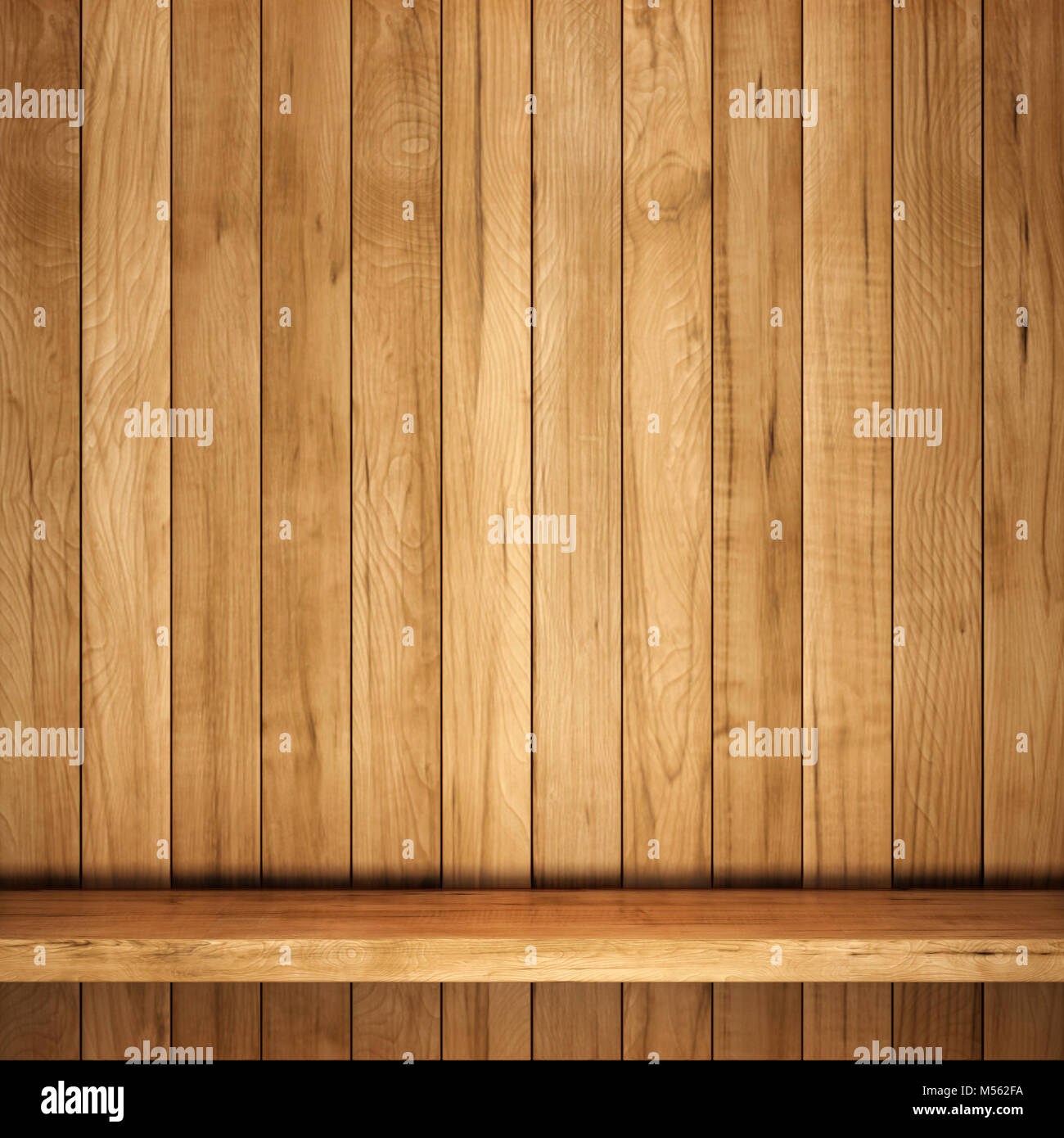 Wooden shelf on plank wall. 3D rendering Stock Photo Alamy