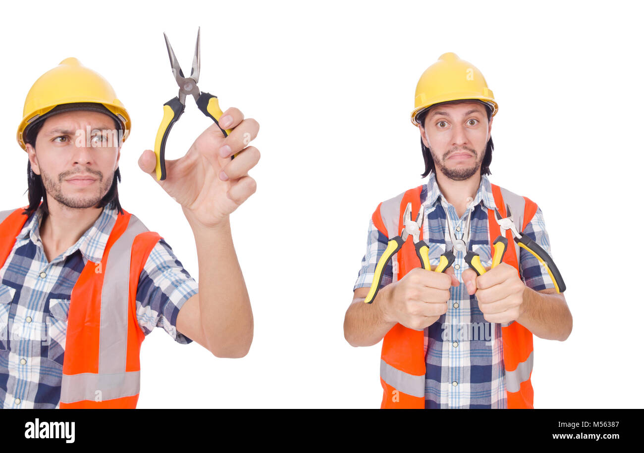 Young construction worker with nippers isolated on white Stock Photo