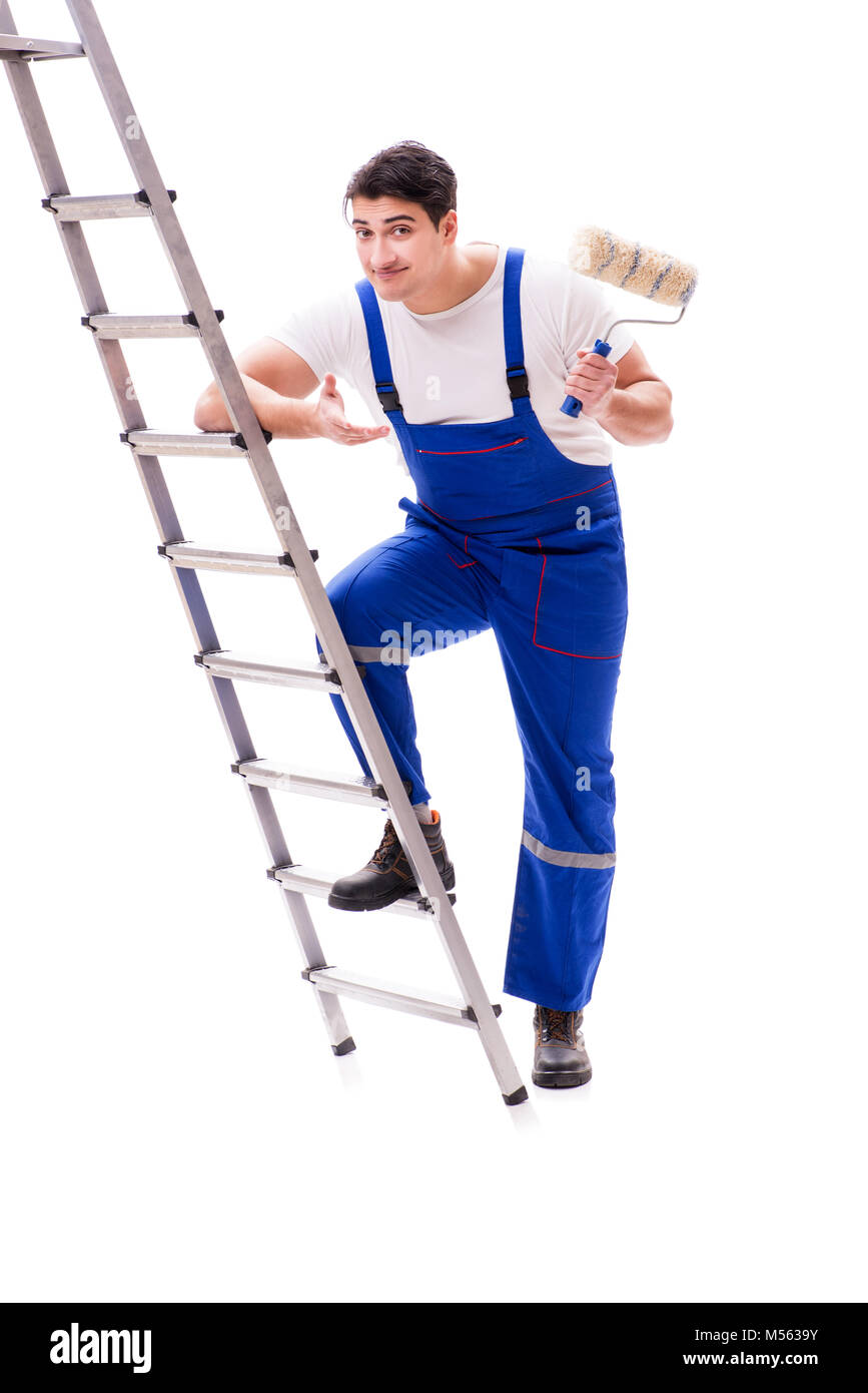 Young painter man with ladder isolated on white background Stock Photo ...