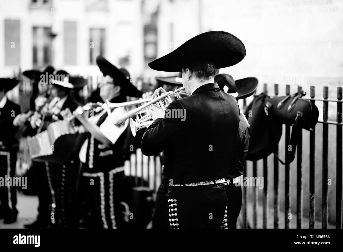 Street performing mariachis. Trumpeter in the front of mariachi band. Stock Photo