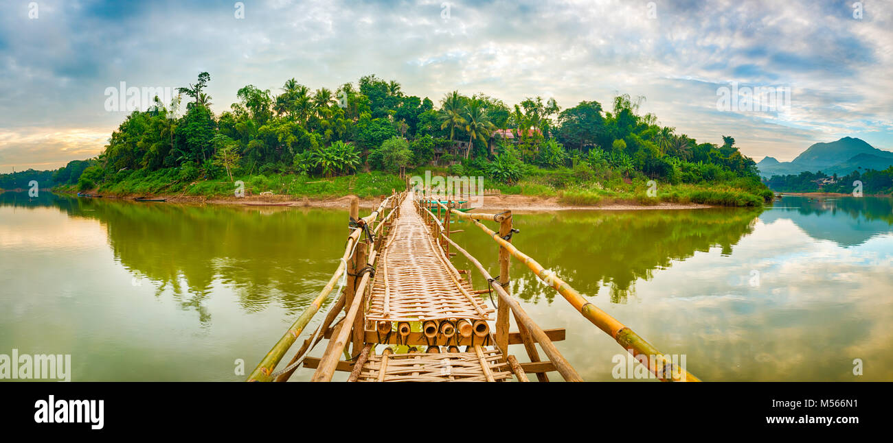 Beautiful view of a bamboo bridge. Laos landscape. Panorama Stock Photo