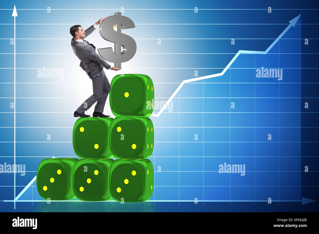 Businessman holding dollar sign on top of dice pyramid Stock Photo - Alamy