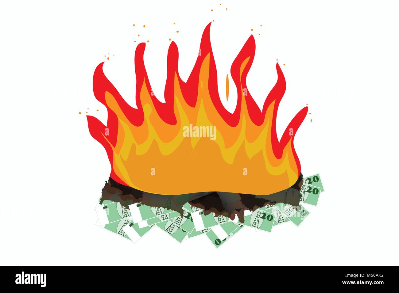 Illustration of a bunch of money burning, vector of inflamed heap of money, symbol for financial crisis/ wrong fatal decisions/ Stock Market crash Stock Vector
