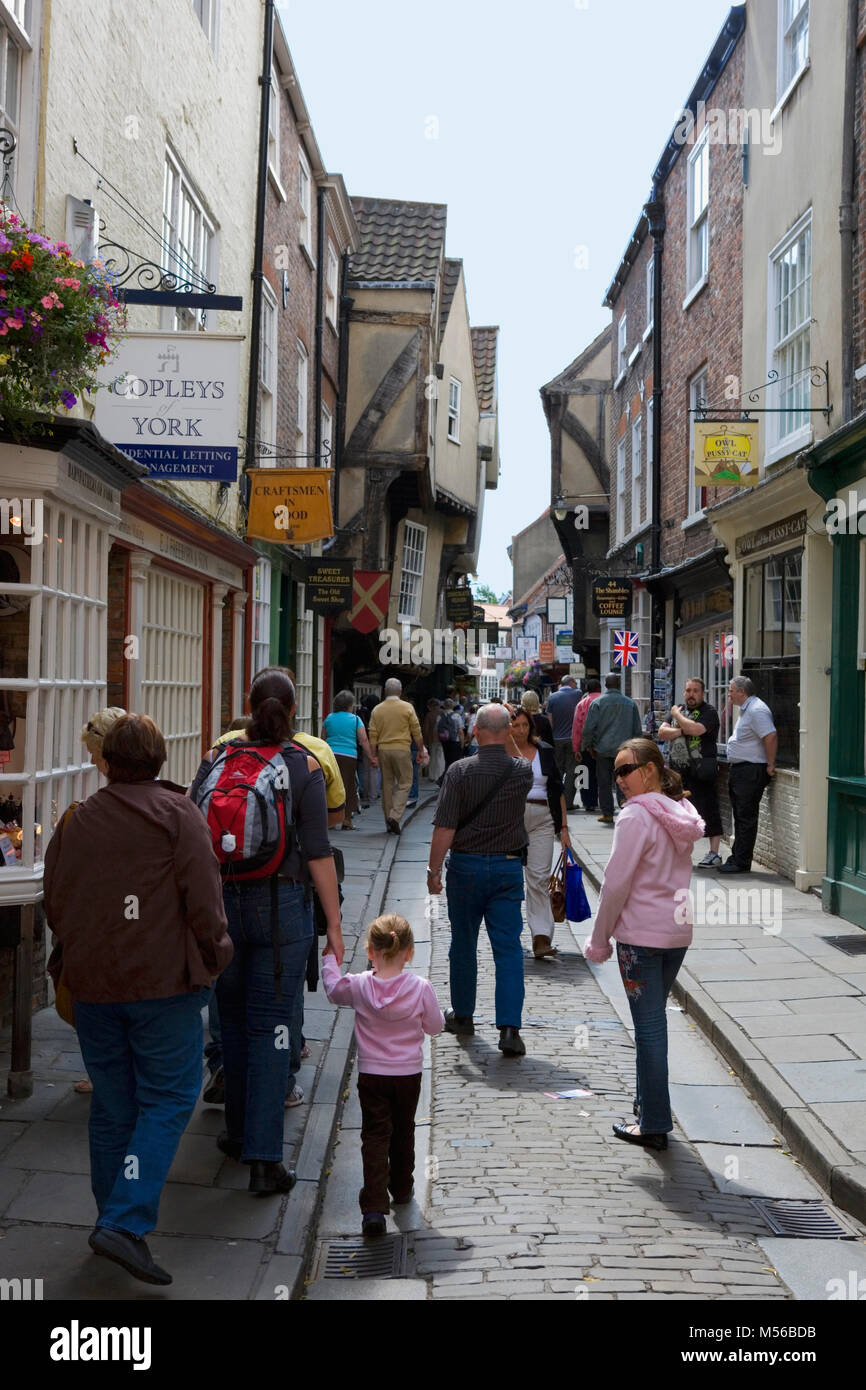 The Shambles, York, England, UK: visitors enjoy the medieval street in the sunshine Stock Photo
