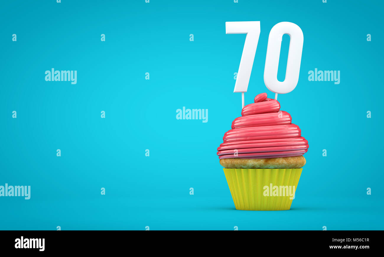 Number 70 birthday celebration cupcake. 3D Rendering Stock Photo