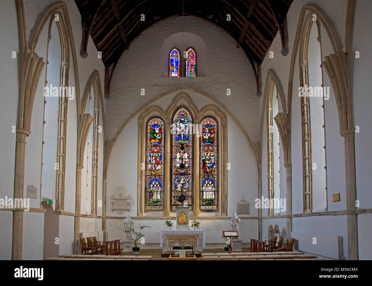 Stained Galss Windows in the Cistercian Duiske Abbey (1207), Renovated very sympathetically in 1980, Graiguenamanagh, County Kilkeeny, Ireland Stock Photo
