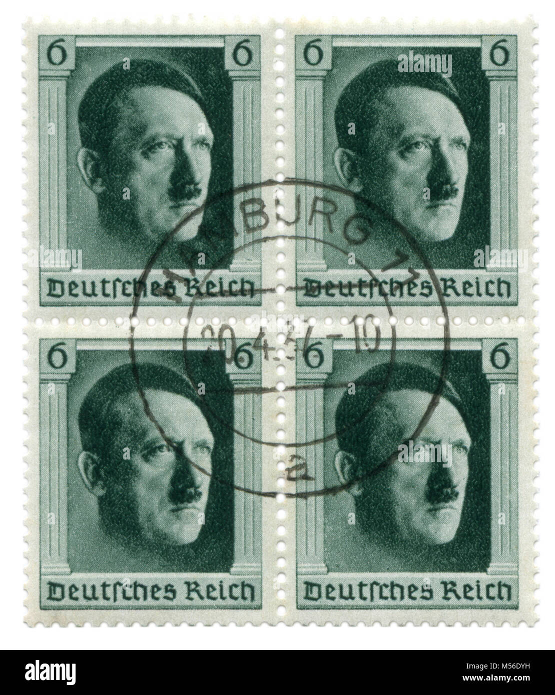 German postage stamp: block of four stamps: the 48th birthday of Adolf Hitler 20 April 1937, Germany, the Third Reich. Isolated on white background Stock Photo