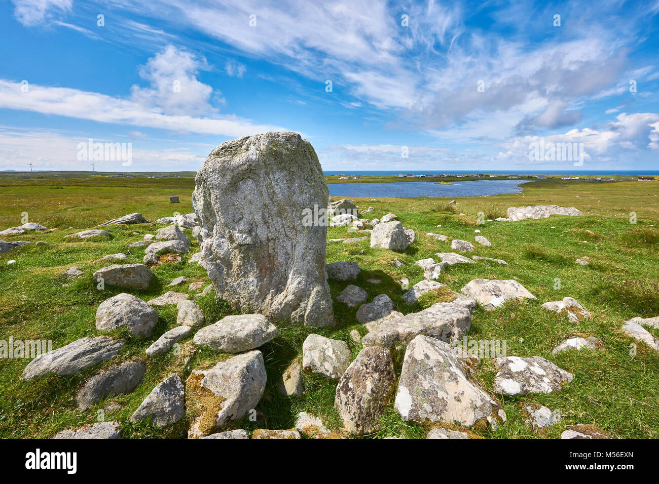 Prehistoric Steinacleit Standing Stones, with a stone circle of a burial mount, date unknown but anywhere between 1500-3000BC, Lewis, Outer Hebrides,  Stock Photo