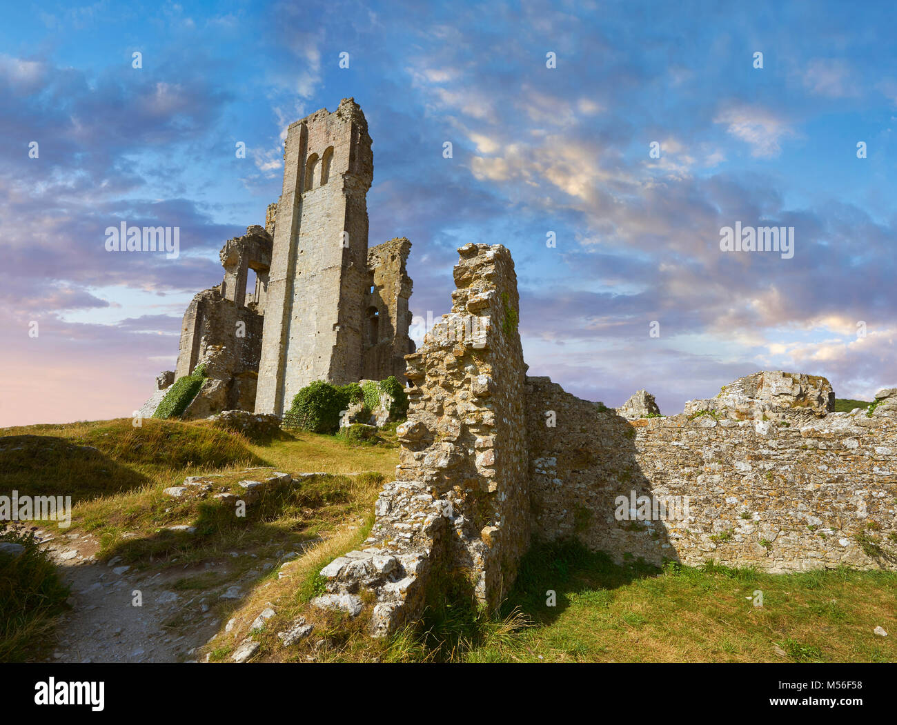 Medieval Corfe castle keep  close up  sunrise, built in 1086 by William the Conqueror, Dorset England Stock Photo