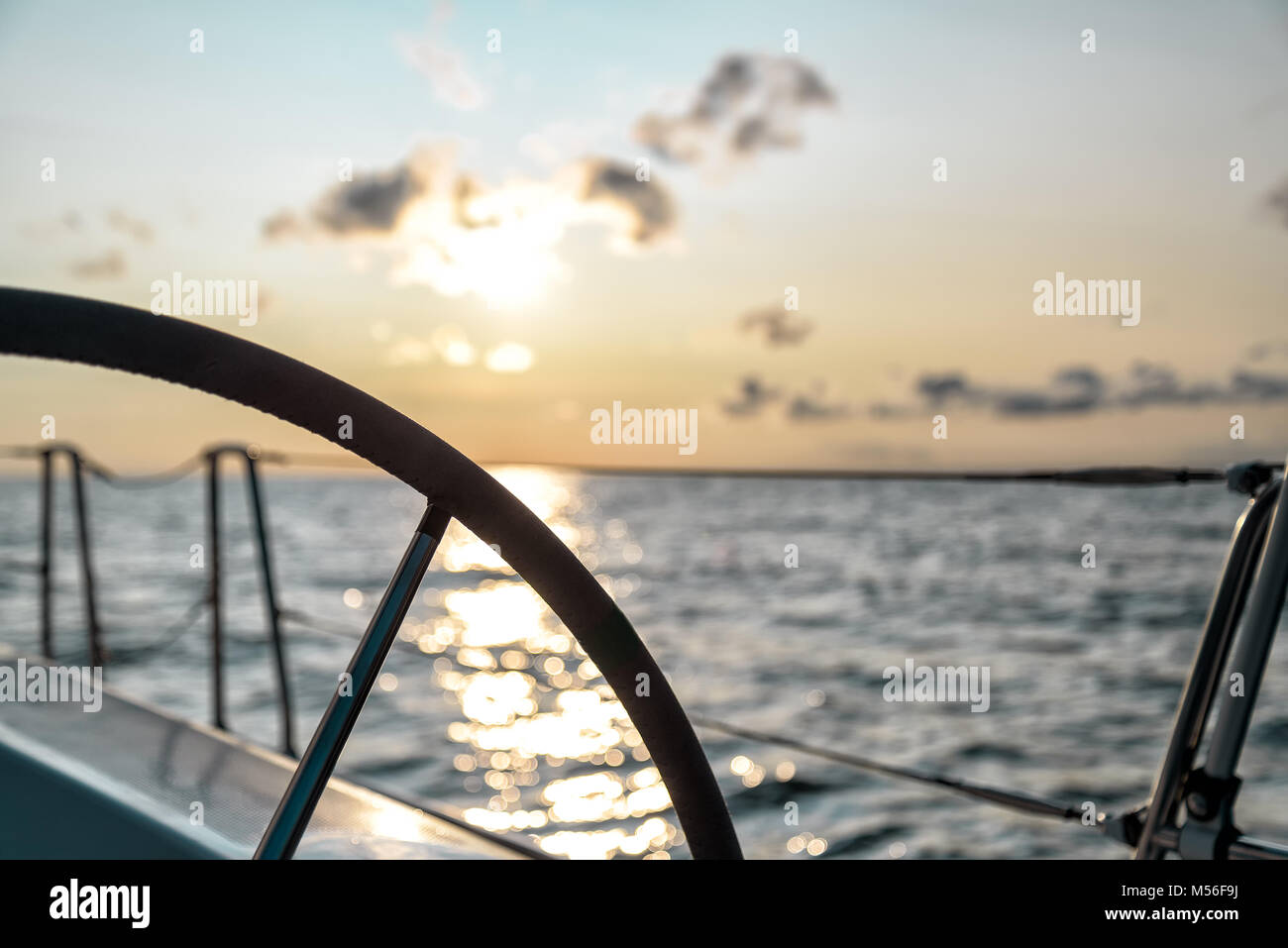 steering wheel on a sailing yacht Stock Photo