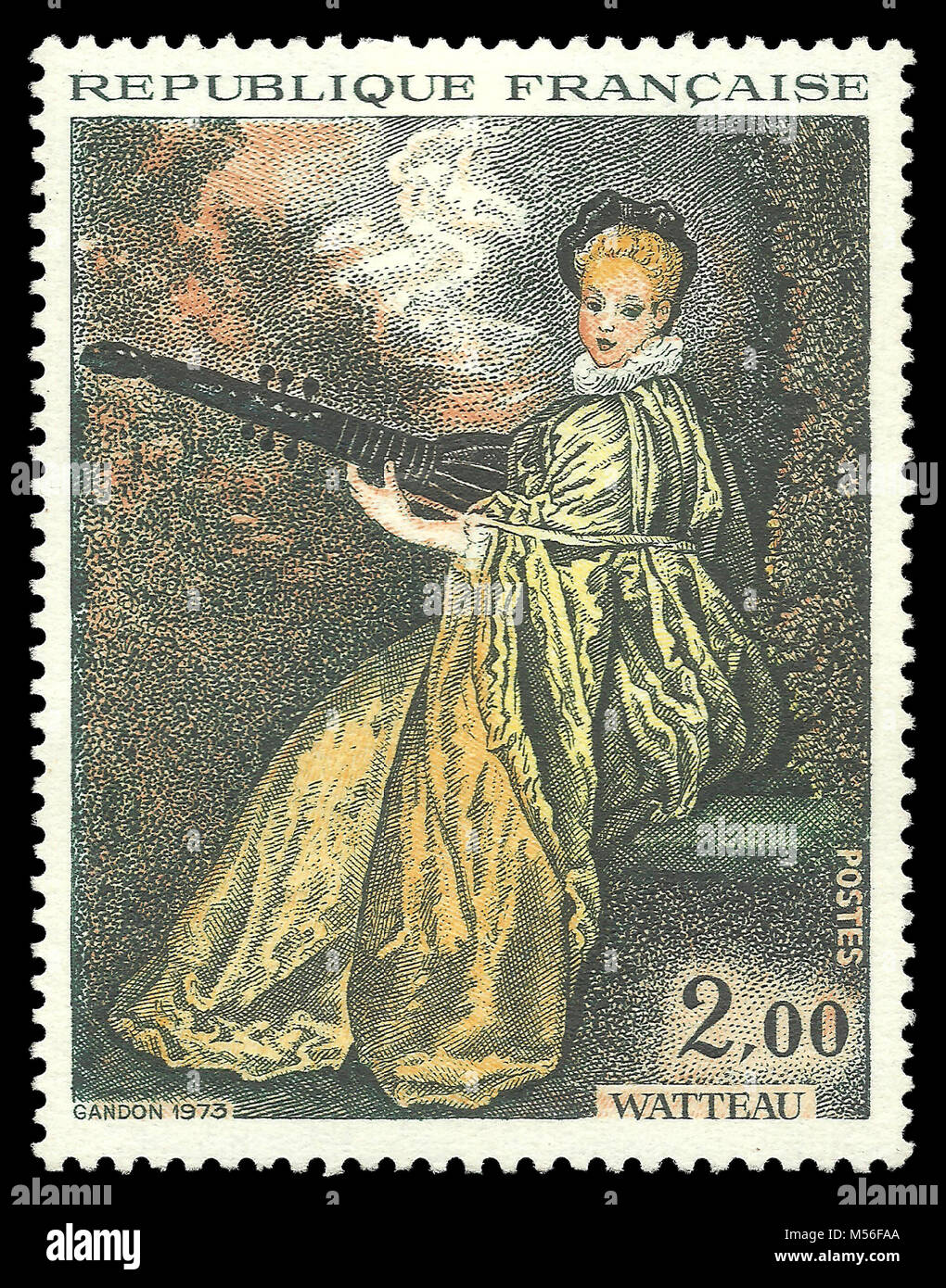 France - stamp 1973: Color edition on Art, shows Painting La Finette by Watteau Stock Photo