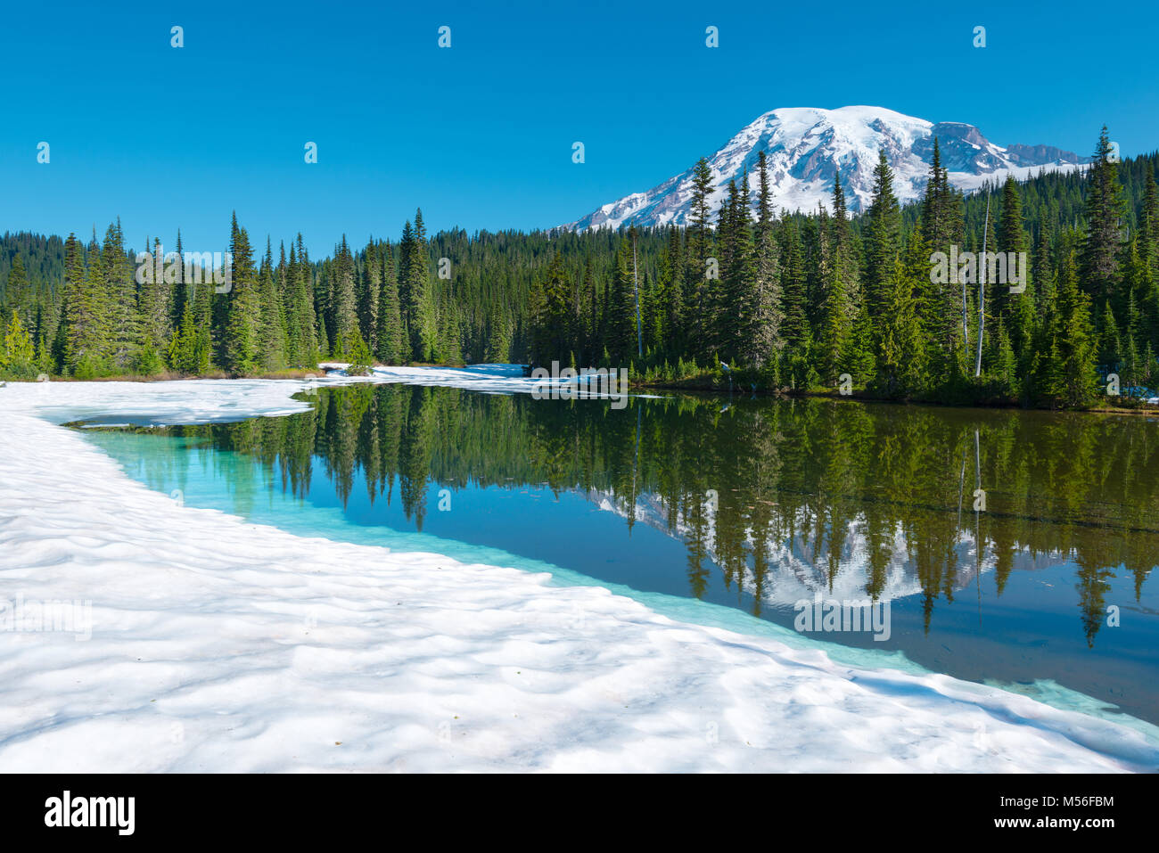 Reflection Lake and  Mount Rainier at Mount Rainier National Park, Washington State, USA Stock Photo