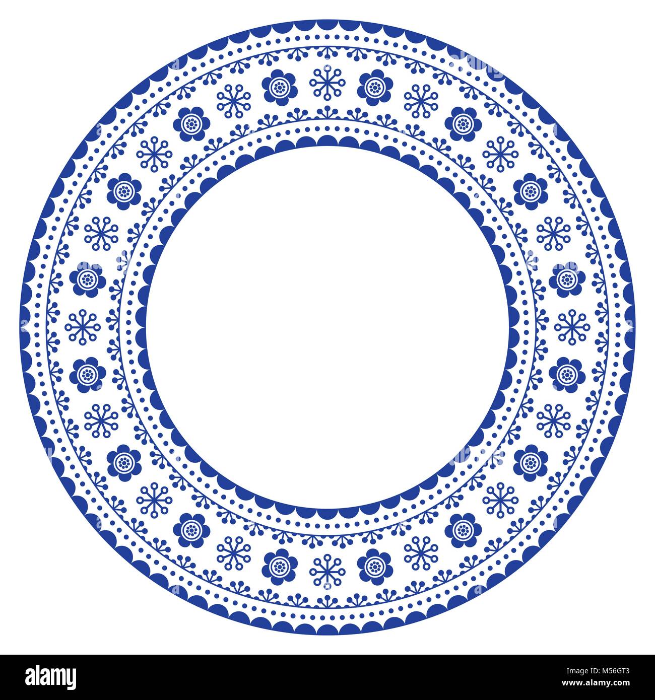 Scandinavian round ornamental frame, vector folk art design, floral composition in navy blue Stock Vector