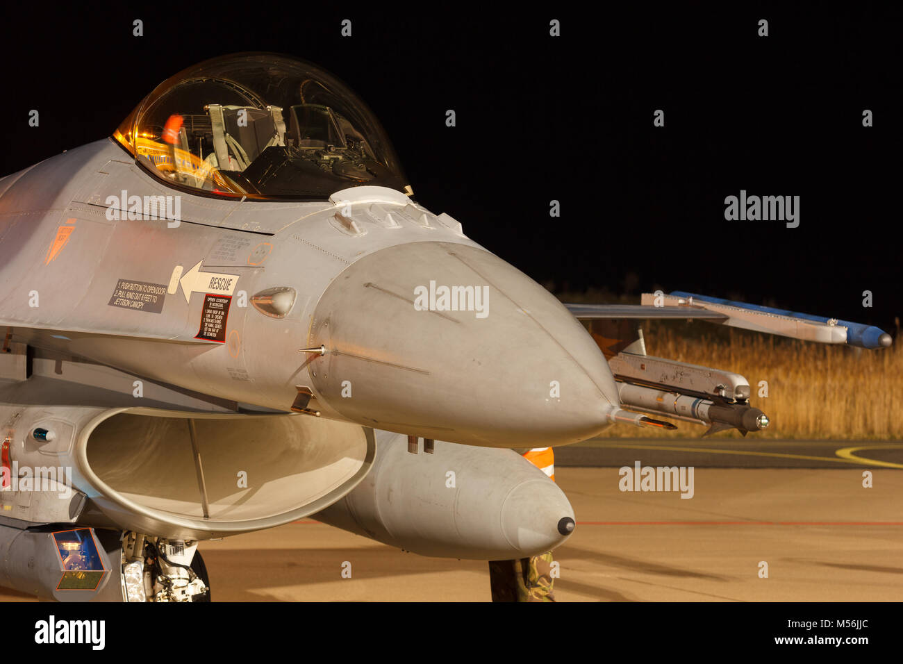 Leeuwarden Feb 6 2018: Night flight Exercise. F-16 Fighting Falcon. Stock Photo