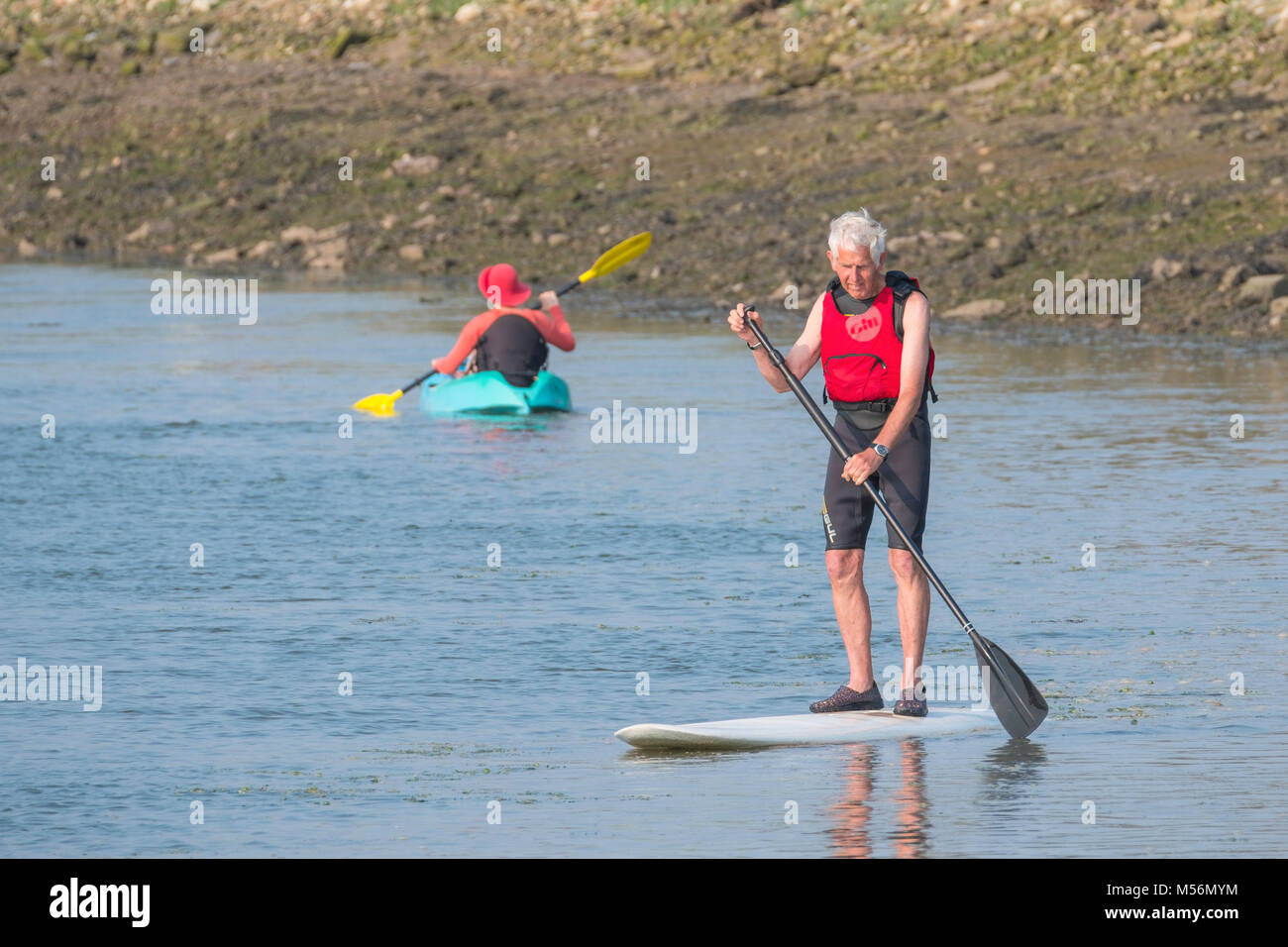 A Paddle boarder rides the incoming tide up a Norfolk creek. Stock Photo