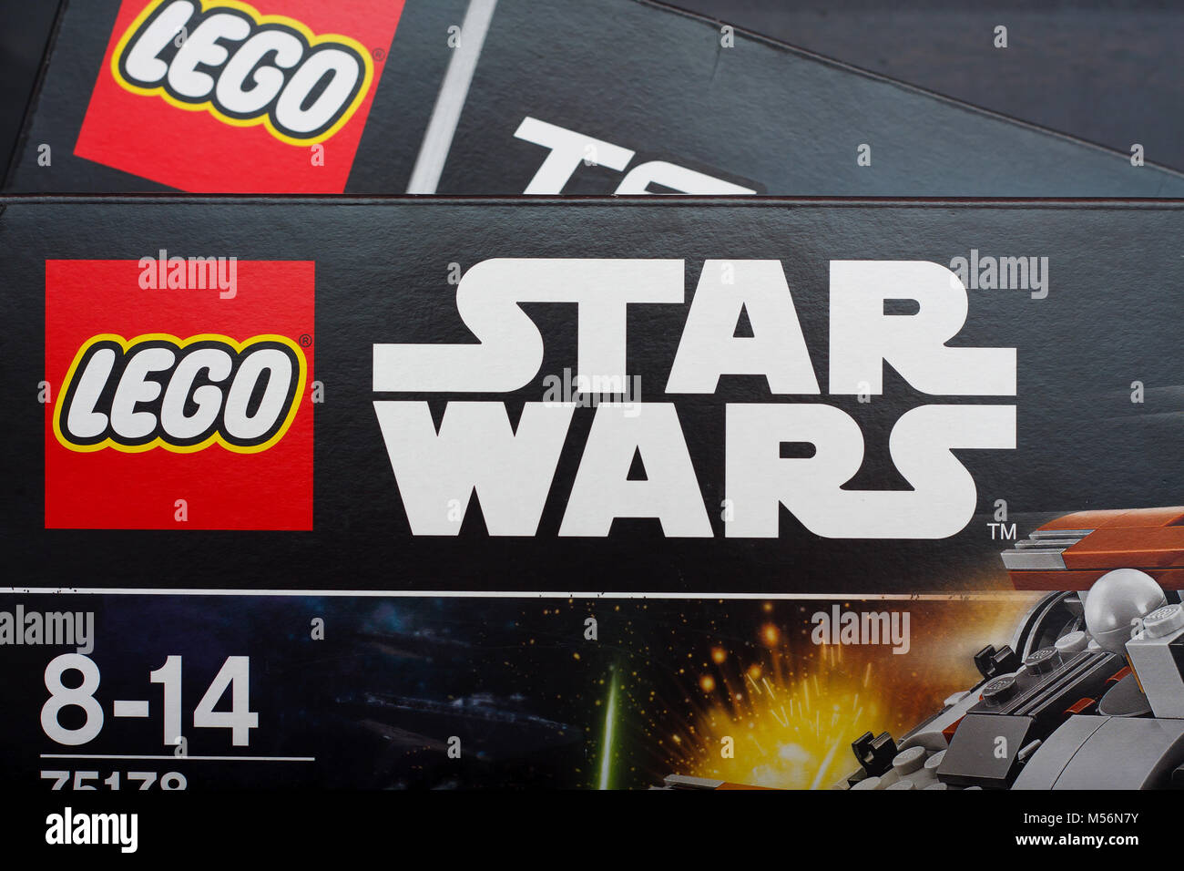 GDANSK, POLAND - DECEMBER 29, 2017. Lego logo on the box with Lego Star Wars blocks.  Lego is a line of plastic construction toys that are manufacture Stock Photo