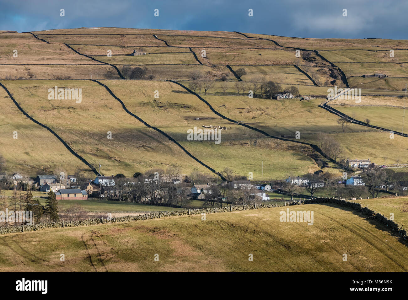 North Pennines Landscape, the rural hamlet of Newbiggin, Teesdale from Holwick on a fine winter morning Stock Photo