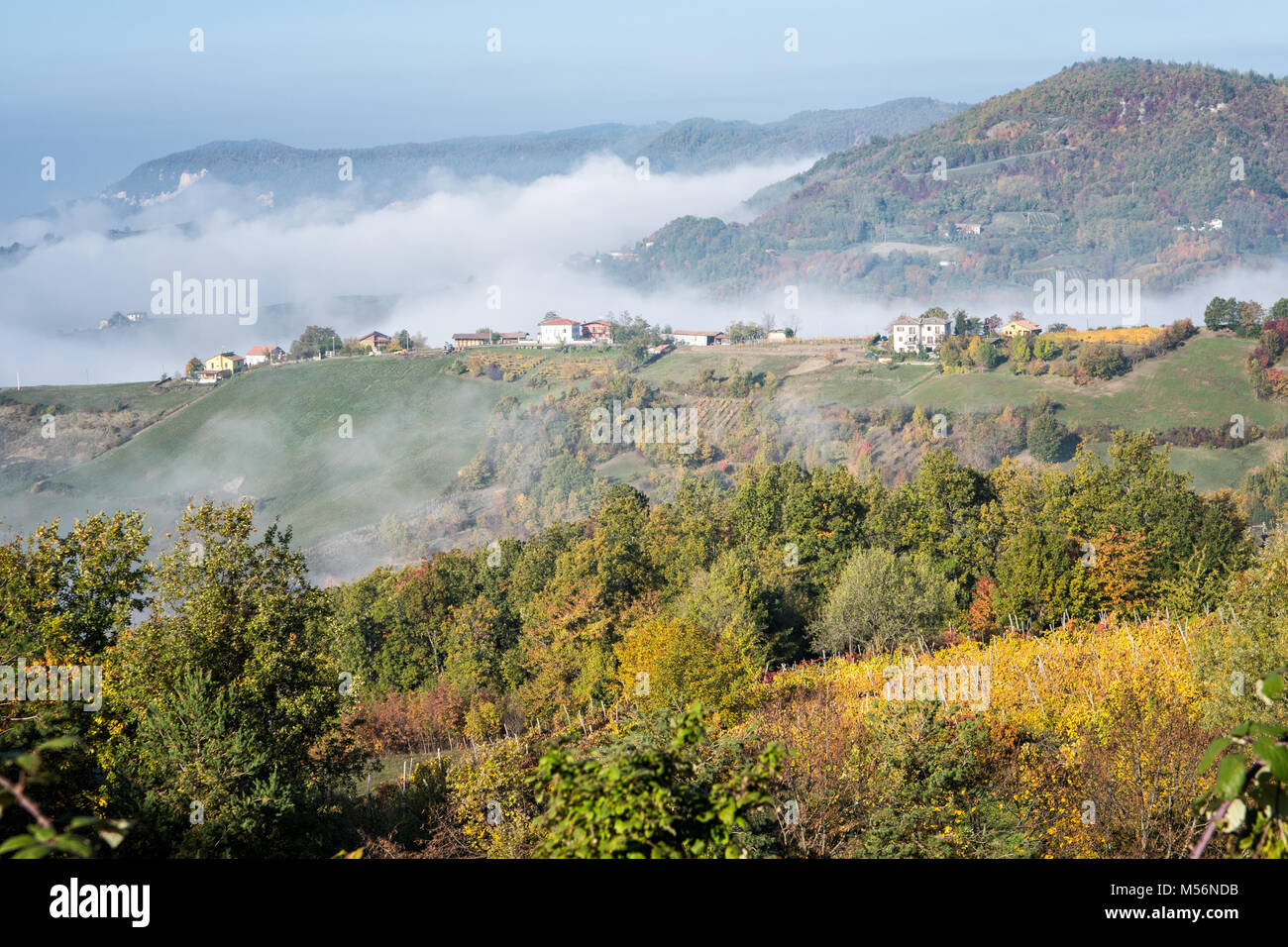 Mist over the mountains of Oltrepò pavese near Varzi, province of Pavia, Lombardy, northern Italy Stock Photo
